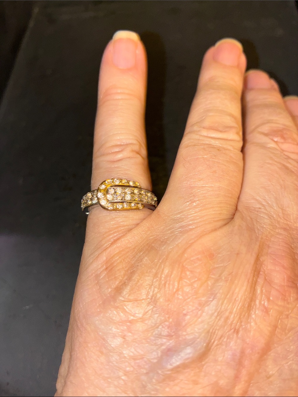 Silver-Tone Buckle Stretch Ring with Clear Pavé Crystals